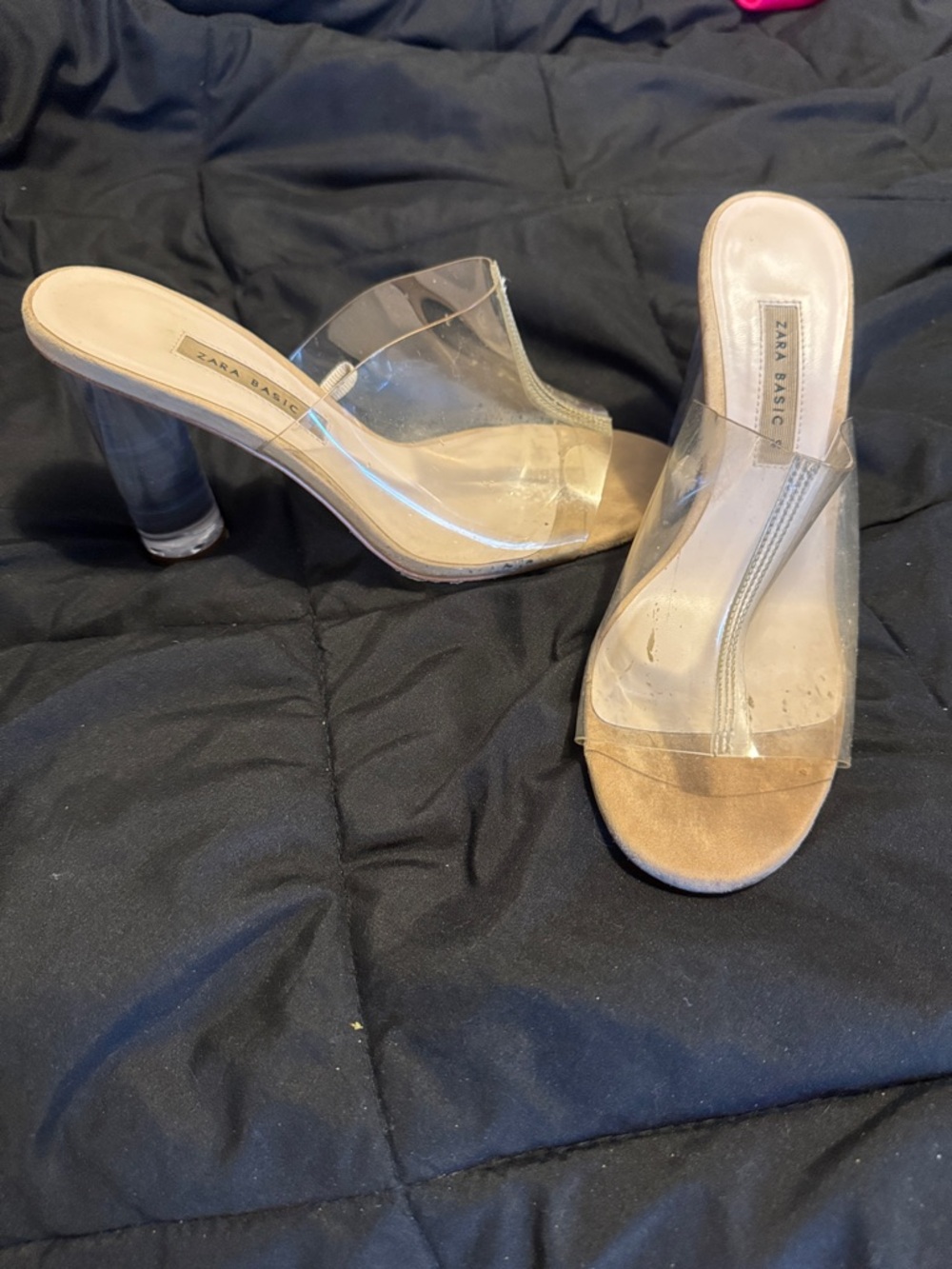 Zara Clear PVC Strap Tan Suede Slide Heels